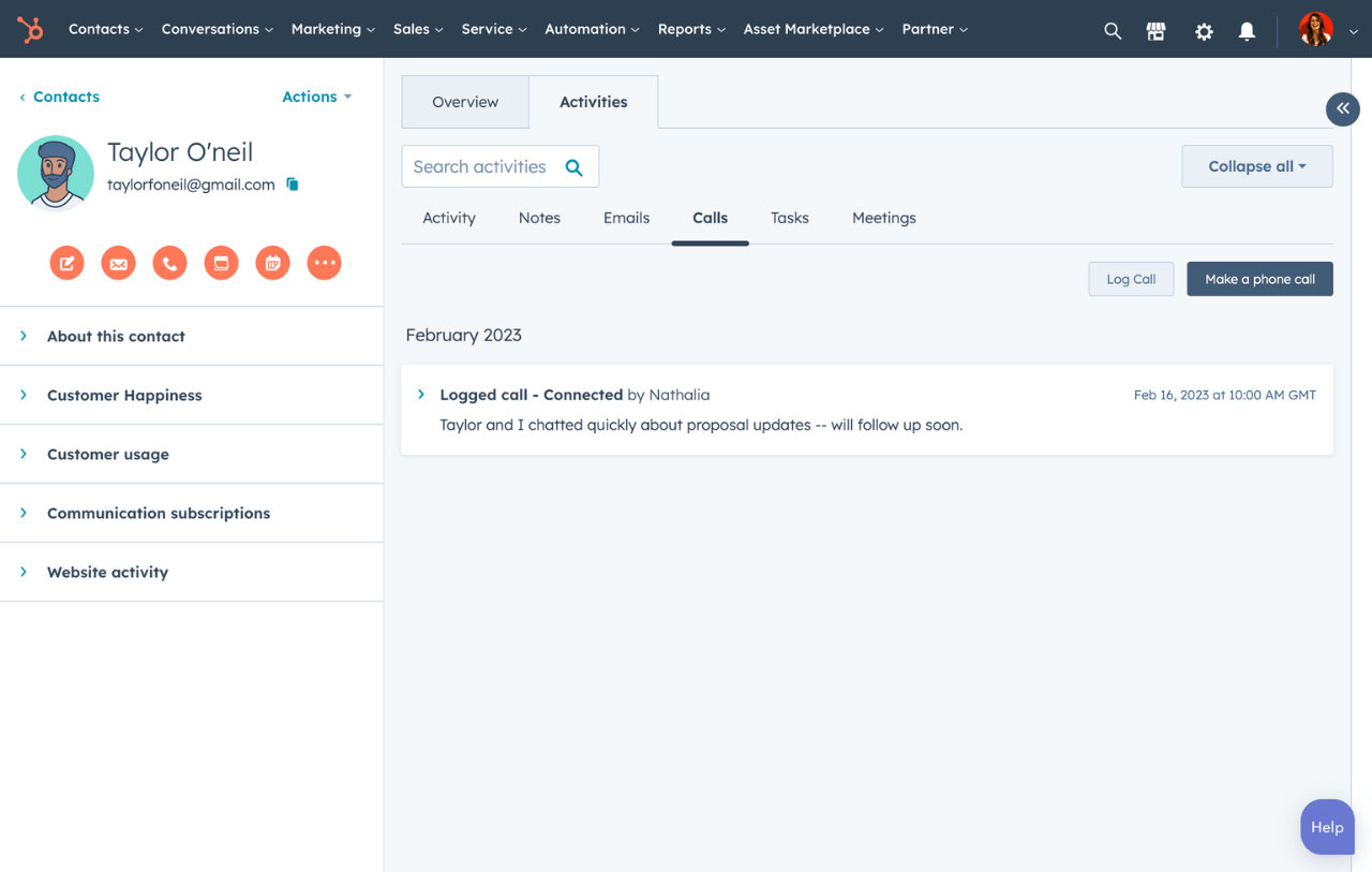 HubSpot tool showing customer history